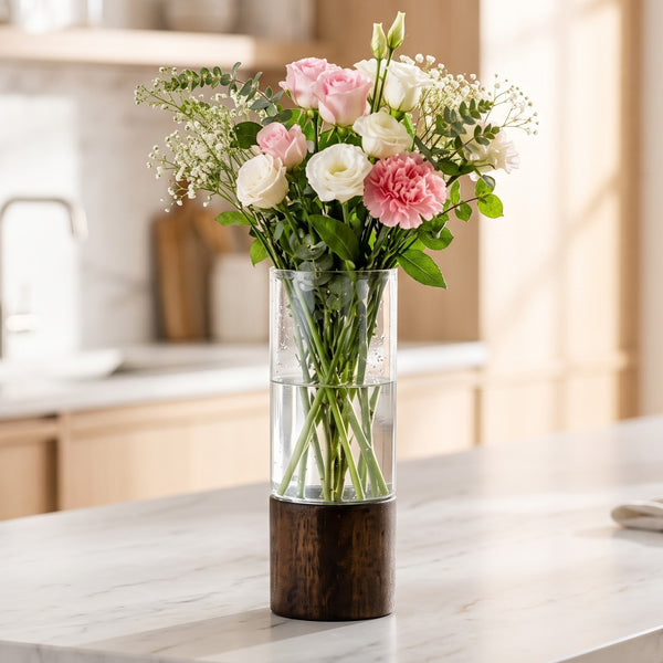 The Solace Wooden Base Clear Glass Cylinder Vase (W)