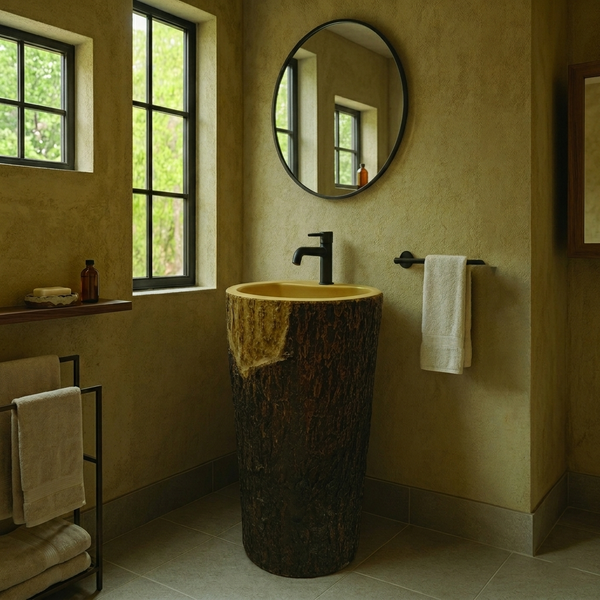 The Woody Sculptural Basin | Stone & Wood Collection 430mm (W) x 430mm (D) x 860mm (H) - (V)