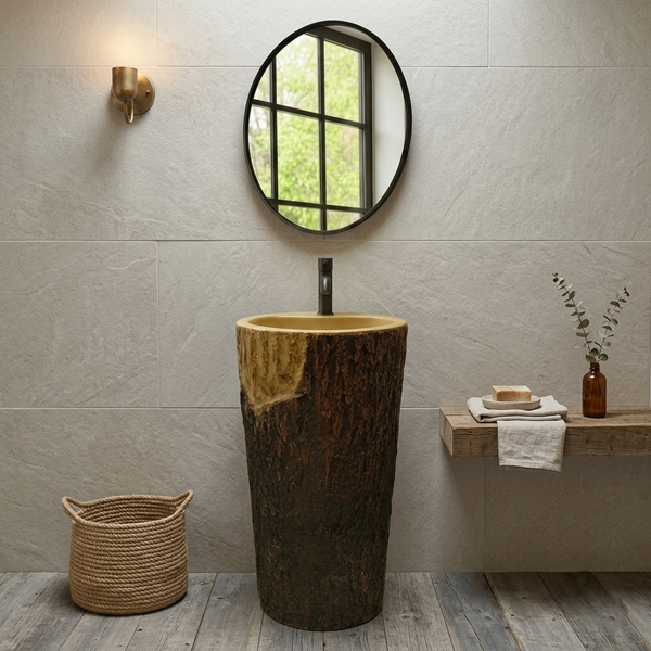 The Woody Sculptural Basin | Stone & Wood Collection 430mm (W) x 430mm (D) x 860mm (H) - (V)