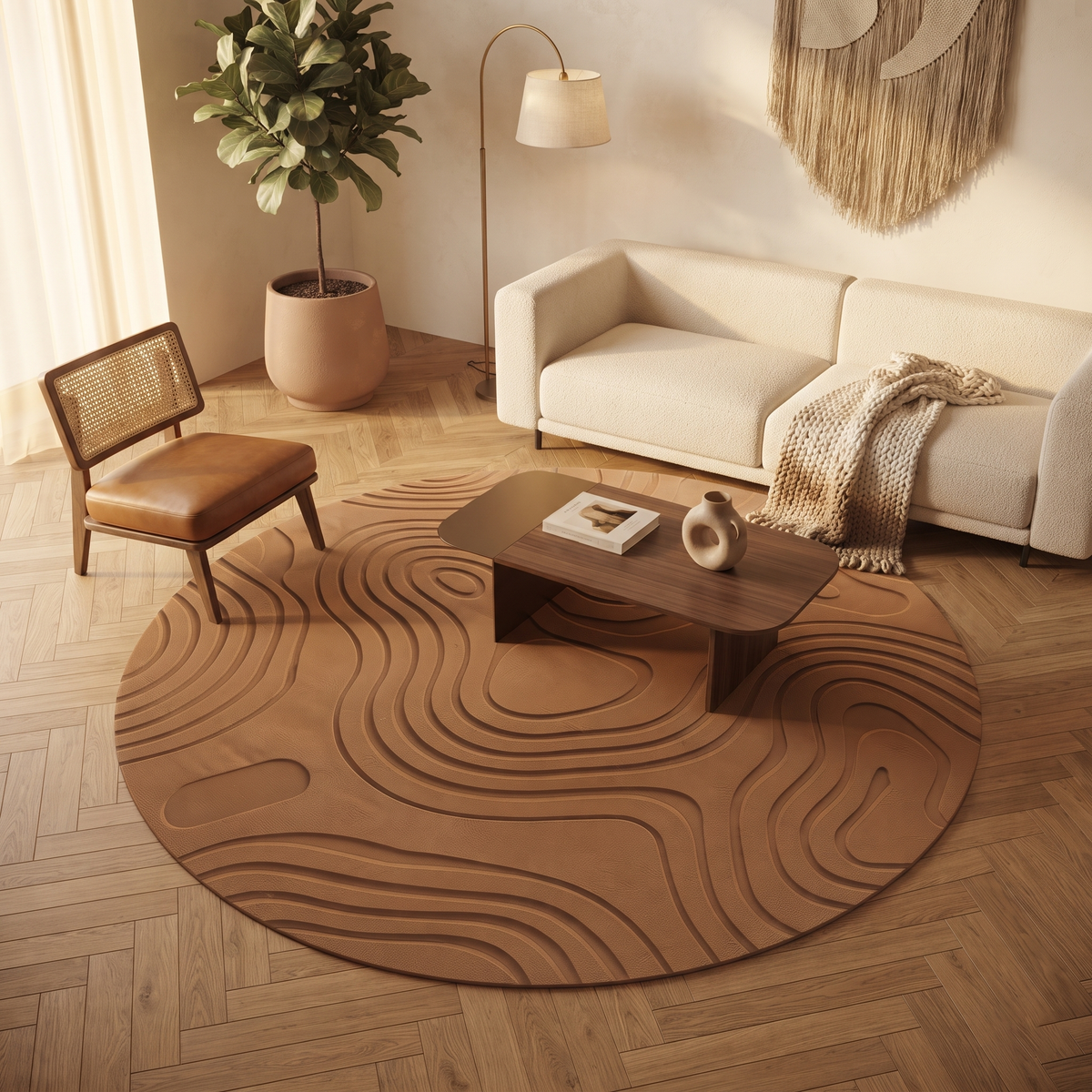 Topographic Brown Wool Rug | Flowing Contour Lines (GG)