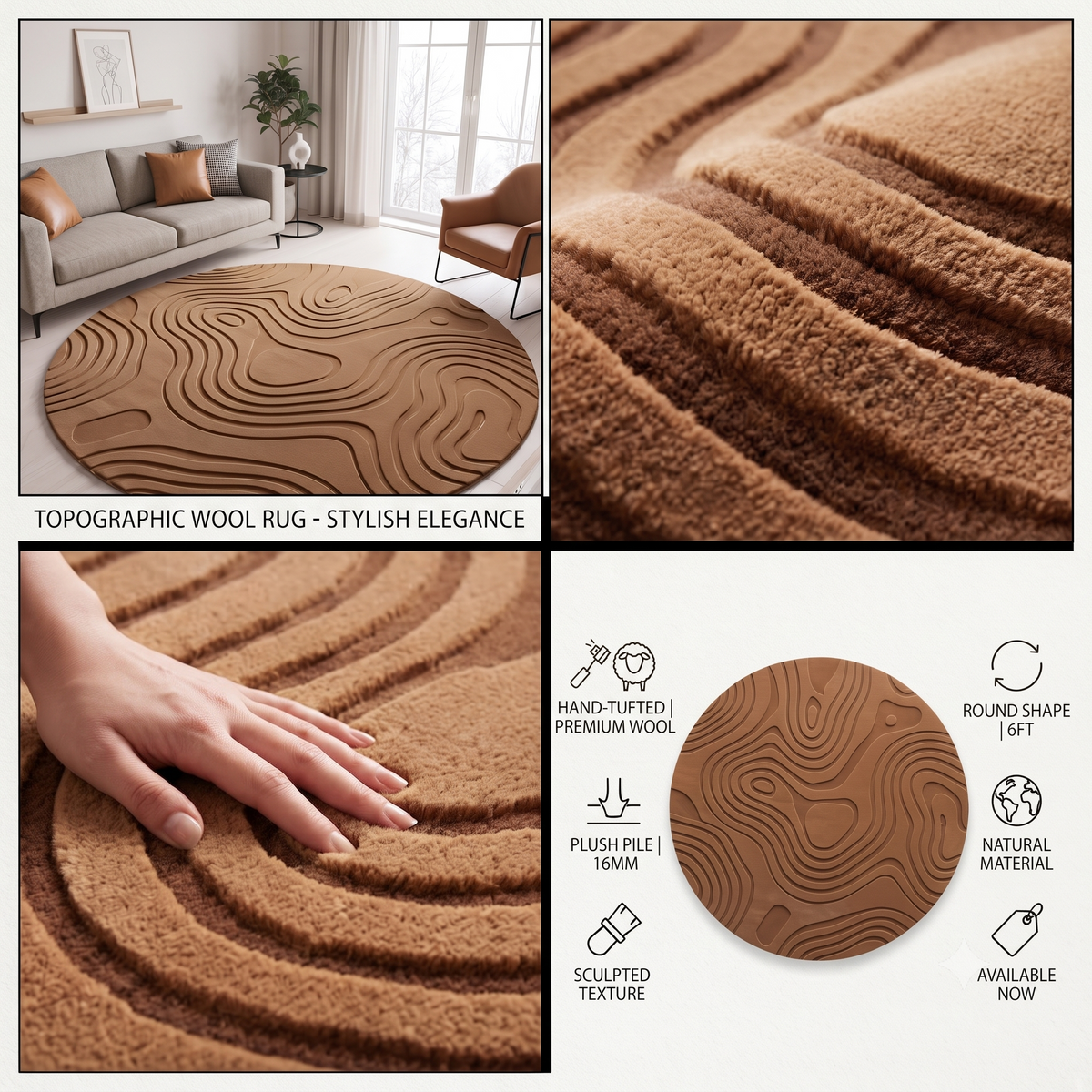 Topographic Brown Wool Rug | Flowing Contour Lines (GG)