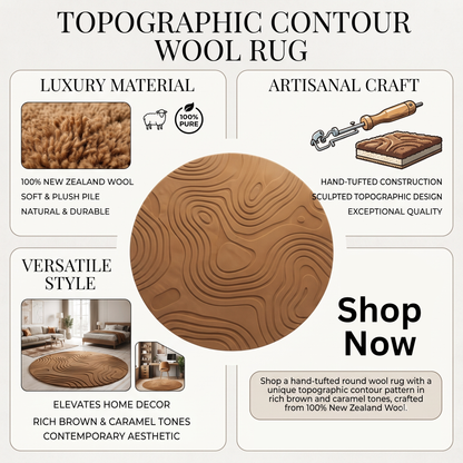 Topographic Brown Wool Rug | Flowing Contour Lines (GG)