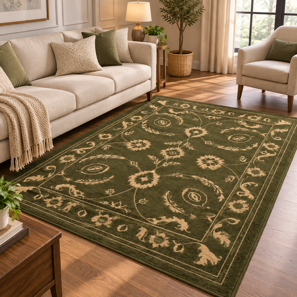 Vintage Olive New Zealand Wool Rug| Traditional Floral and Ornamental Motif (GG)