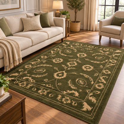 Vintage Olive New Zealand Wool Rug| Traditional Floral and Ornamental Motif (GG)