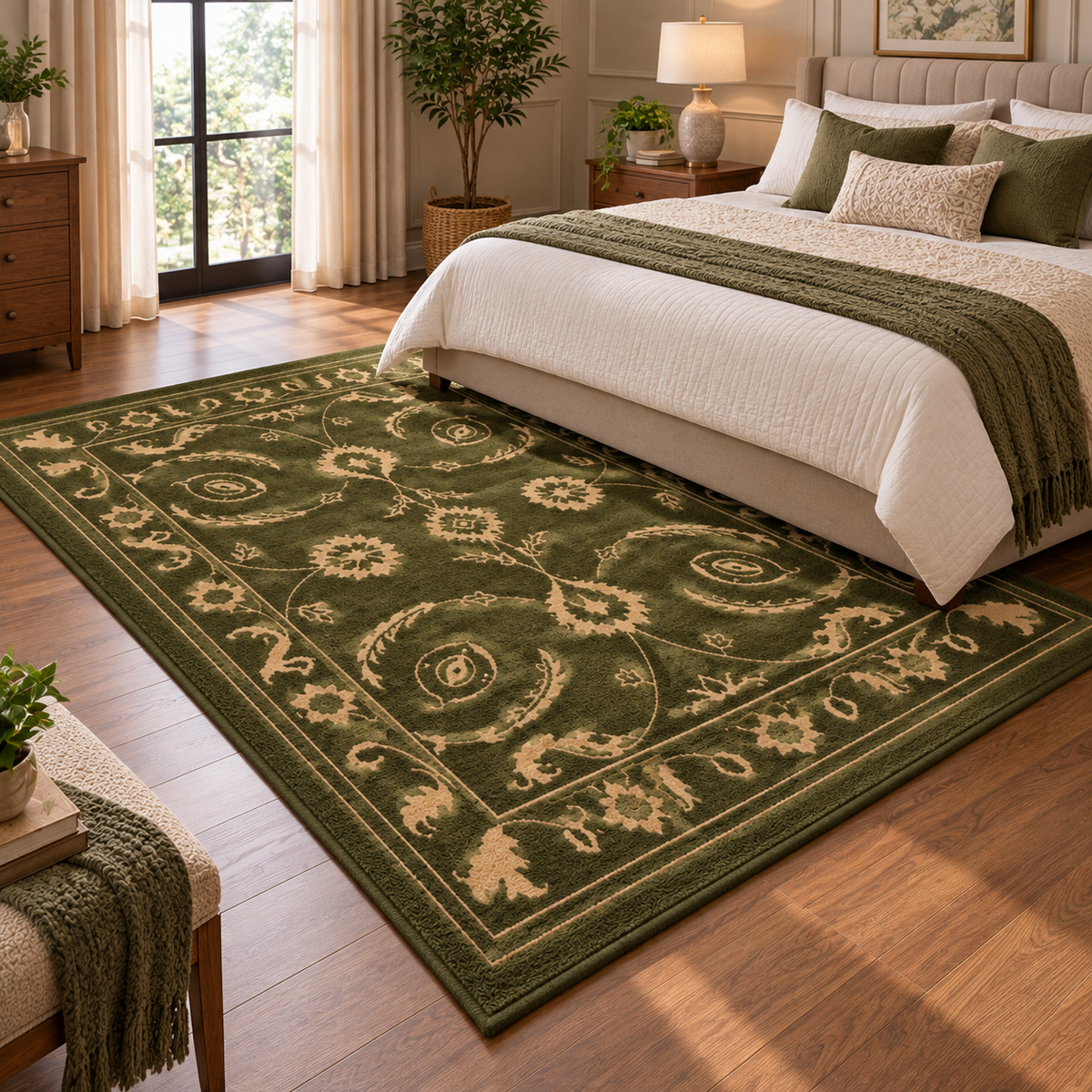 Vintage Olive New Zealand Wool Rug| Traditional Floral and Ornamental Motif (GG)