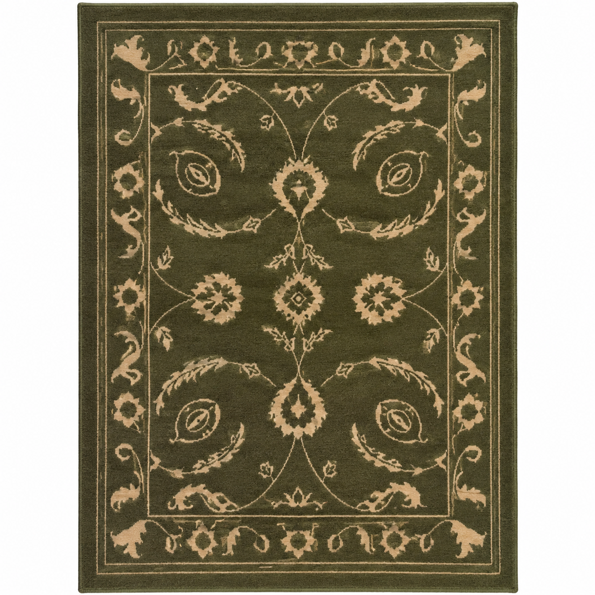 Vintage Olive New Zealand Wool Rug| Traditional Floral and Ornamental Motif (GG)