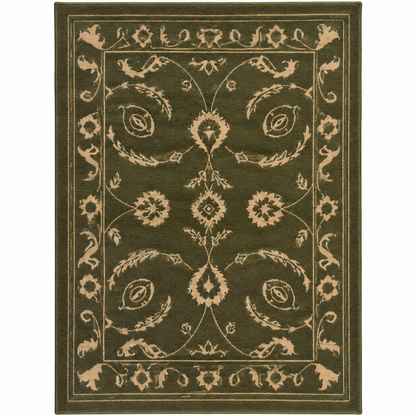Vintage Olive New Zealand Wool Rug| Traditional Floral and Ornamental Motif (GG)