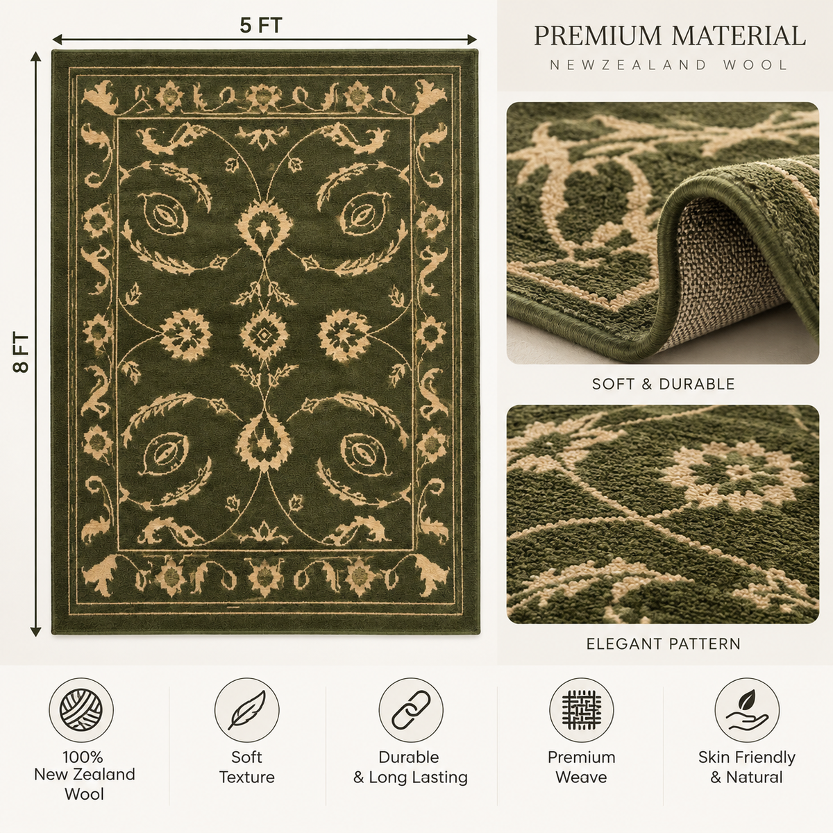 Vintage Olive New Zealand Wool Rug| Traditional Floral and Ornamental Motif (GG)