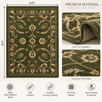 Vintage Olive New Zealand Wool Rug| Traditional Floral and Ornamental Motif (GG)