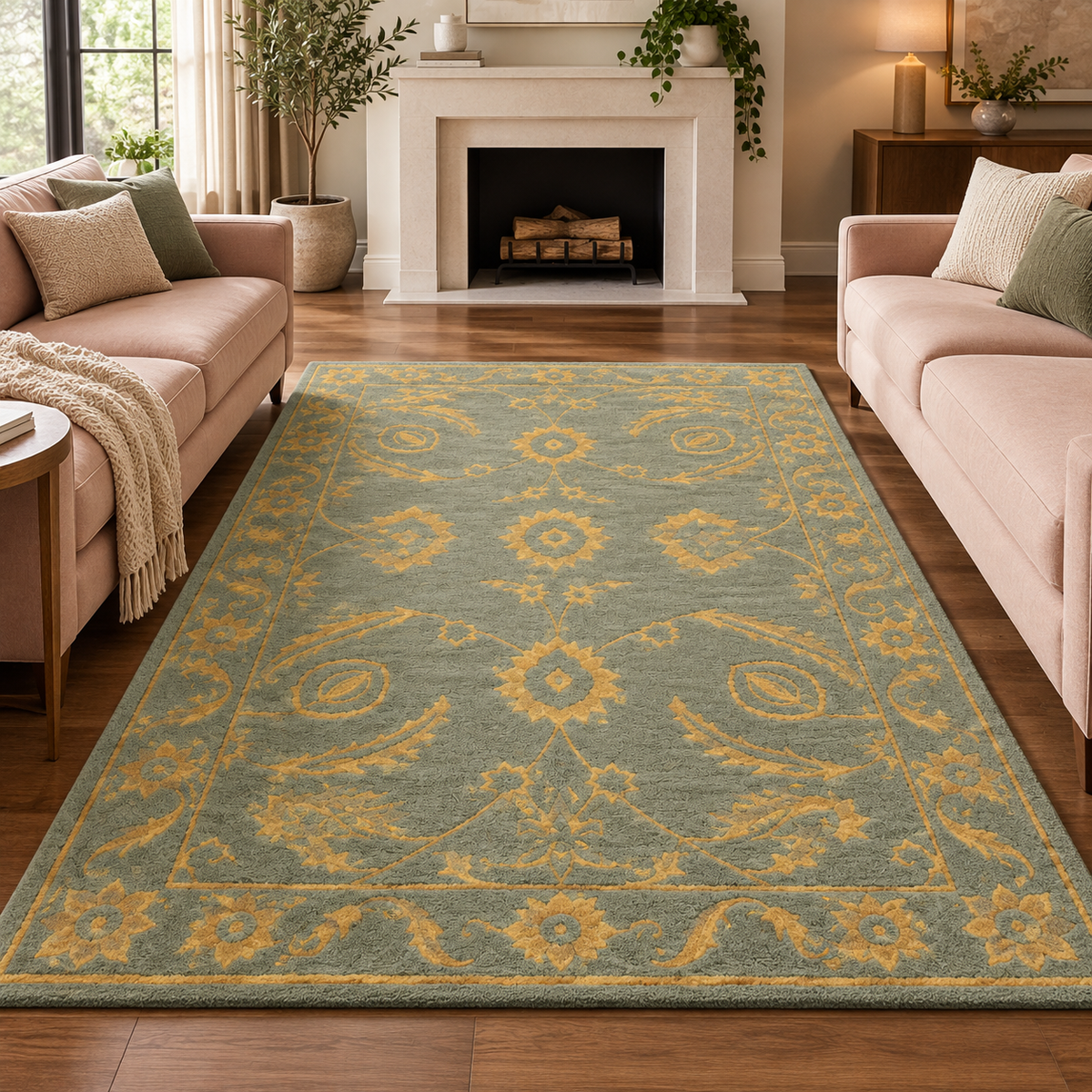 Vintage Sage New Zealand Wool Rug | Traditional Floral and Ornamental Motif (GG)