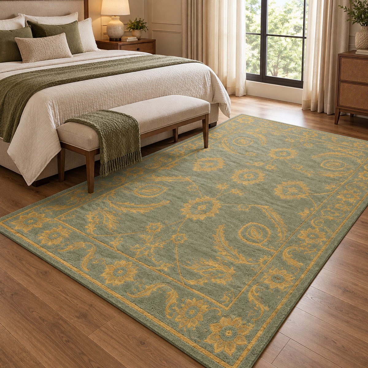 Vintage Sage New Zealand Wool Rug | Traditional Floral and Ornamental Motif (GG)