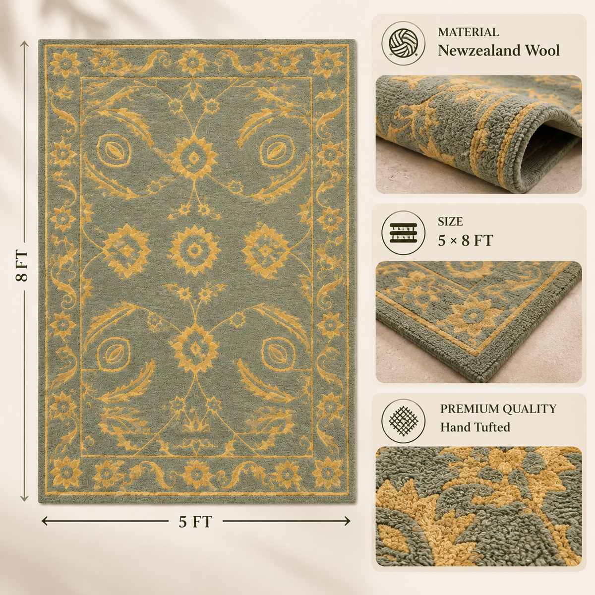 Vintage Sage New Zealand Wool Rug | Traditional Floral and Ornamental Motif (GG)