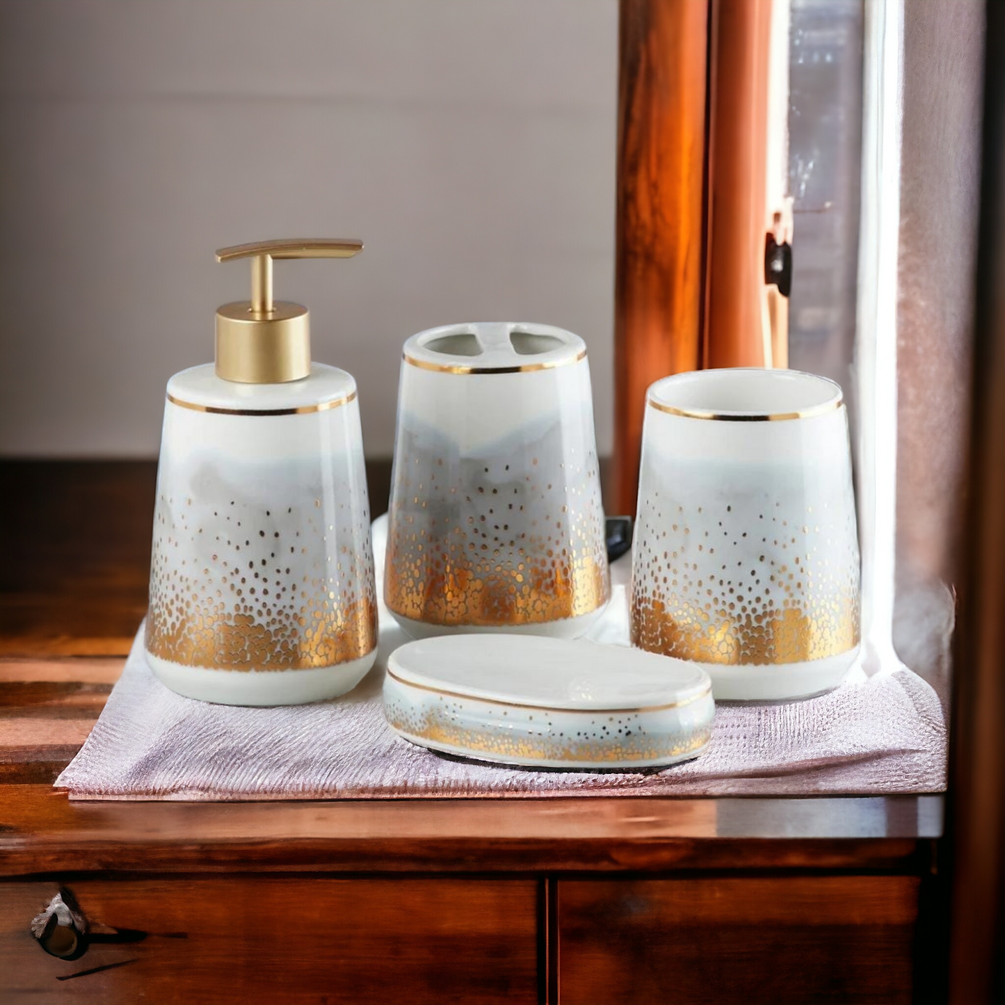 Abstract Nebula Bathroom Accessories Set - 1 Soap Dispenser + Toothbrush Holder + 1 Tumblers + 1 Soap Dish (W)