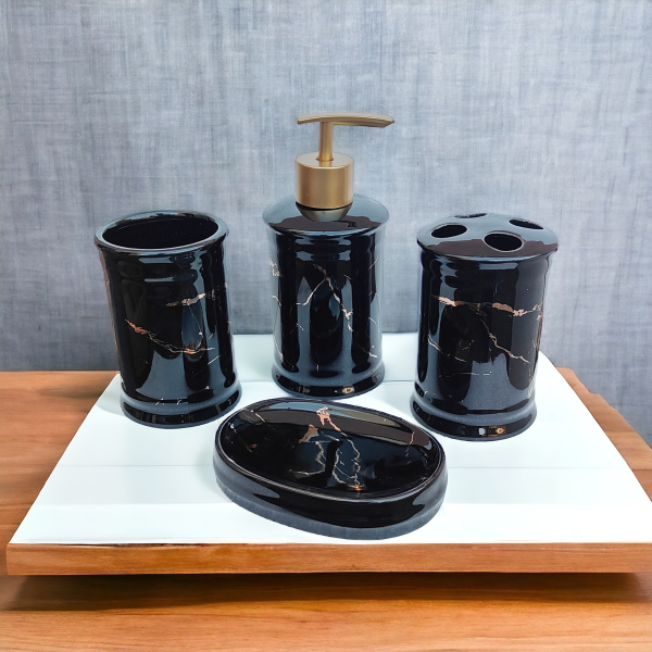 Elysian Marble Accents Bathroom Accessories Set - 1 Soap Dispenser + Toothbrush Holder + 1 Tumblers + 1 Soap Dish (W)