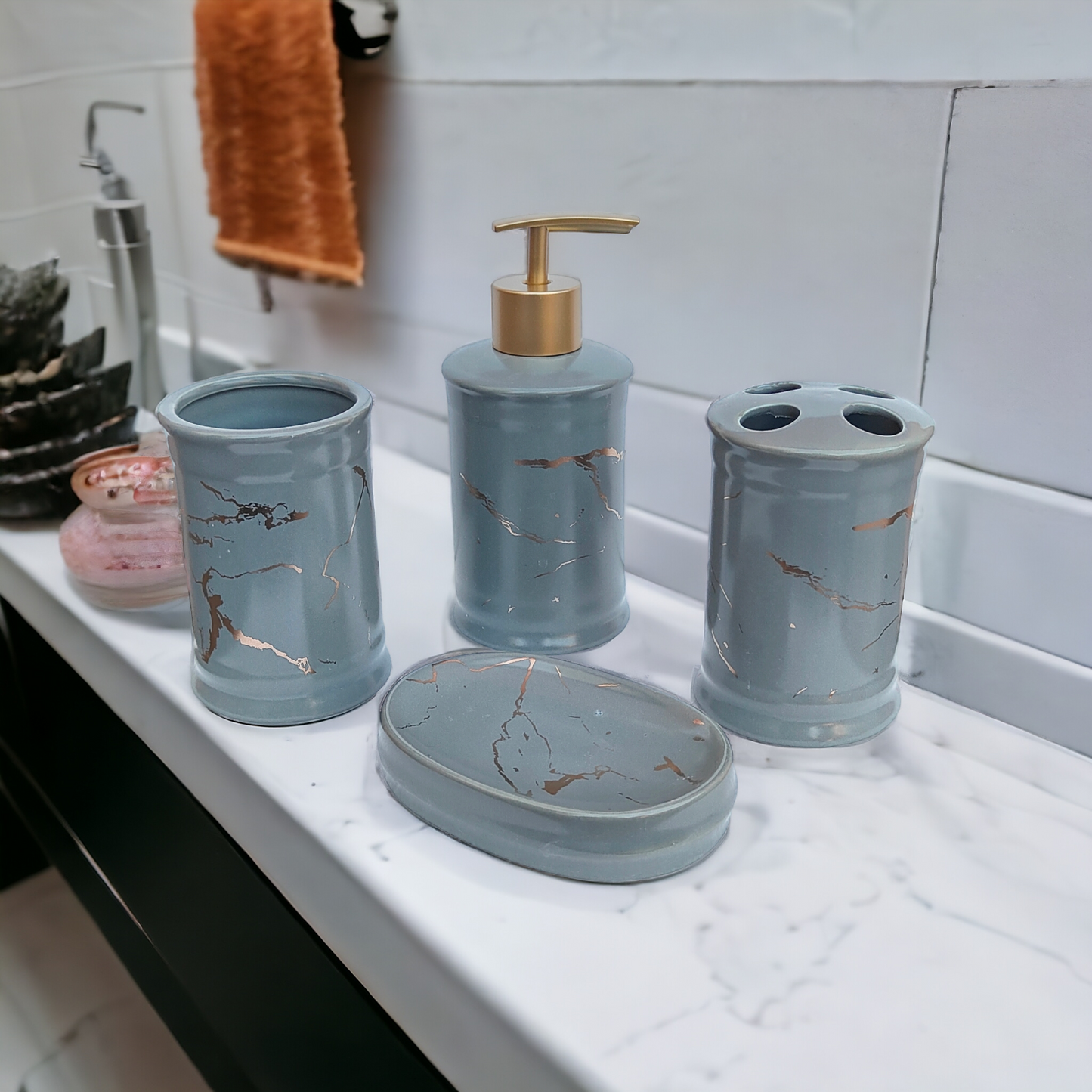 Elysian Marble Accents Bathroom Accessories Set - 1 Soap Dispenser + Toothbrush Holder + 1 Tumblers + 1 Soap Dish (W)