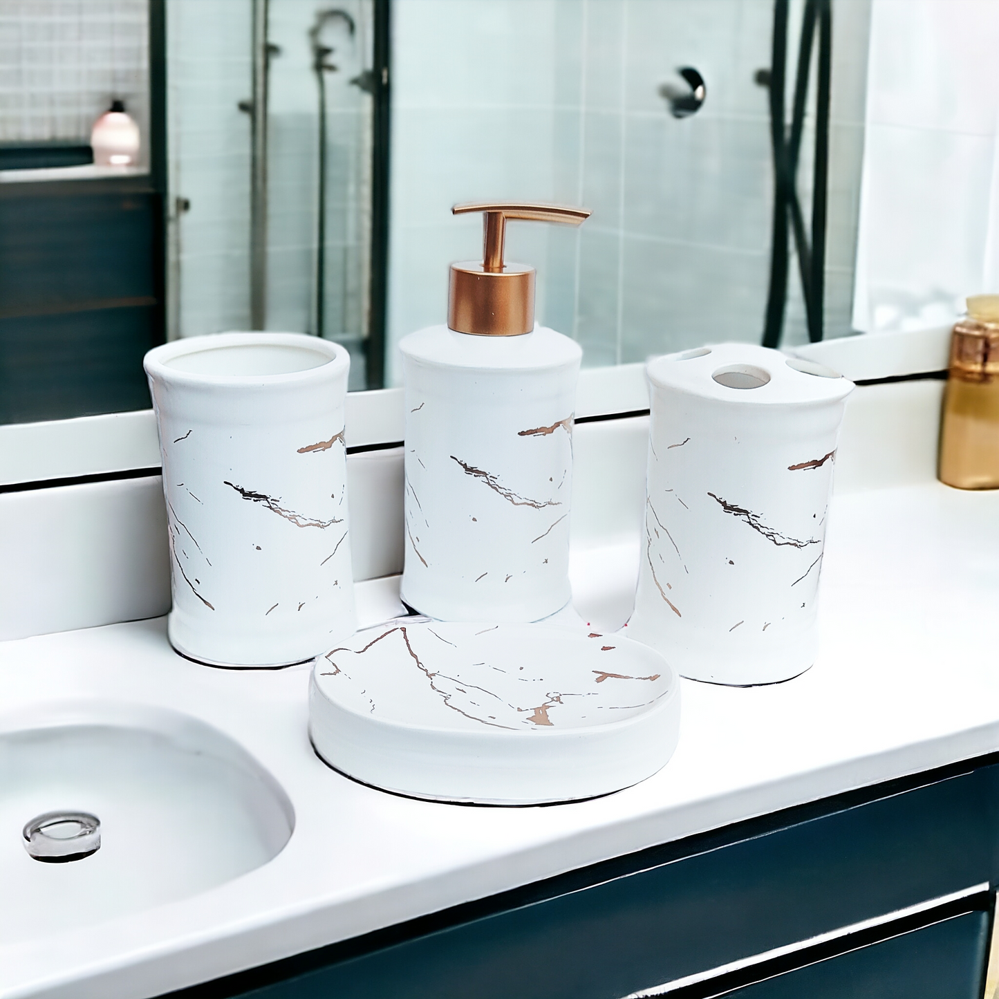 Elysian Marble Accents Bathroom Accessories Set - 1 Soap Dispenser + Toothbrush Holder + 1 Tumblers + 1 Soap Dish (W)