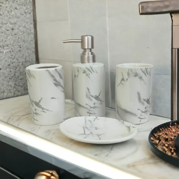Luxe Bathroom Accessories Set - 1 Soap Dispenser + Toothbrush Holder + 1 Tumblers + 1 Soap Dish (W)