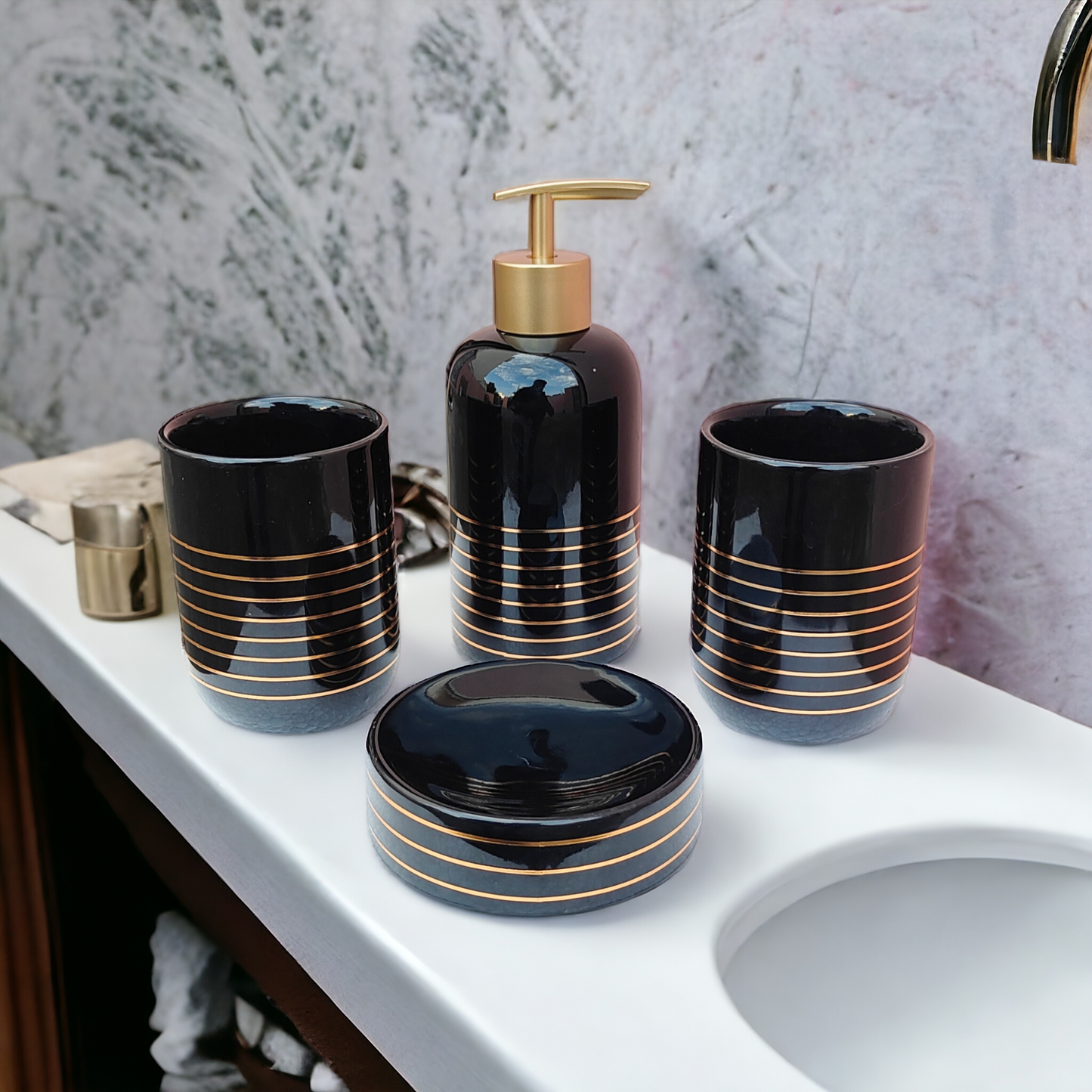 ModaCurve Vanity Bathroom Accessories Set - 1 Soap Dispenser + Toothbrush Holder + 1 Tumblers + 1 Soap Dish (W)