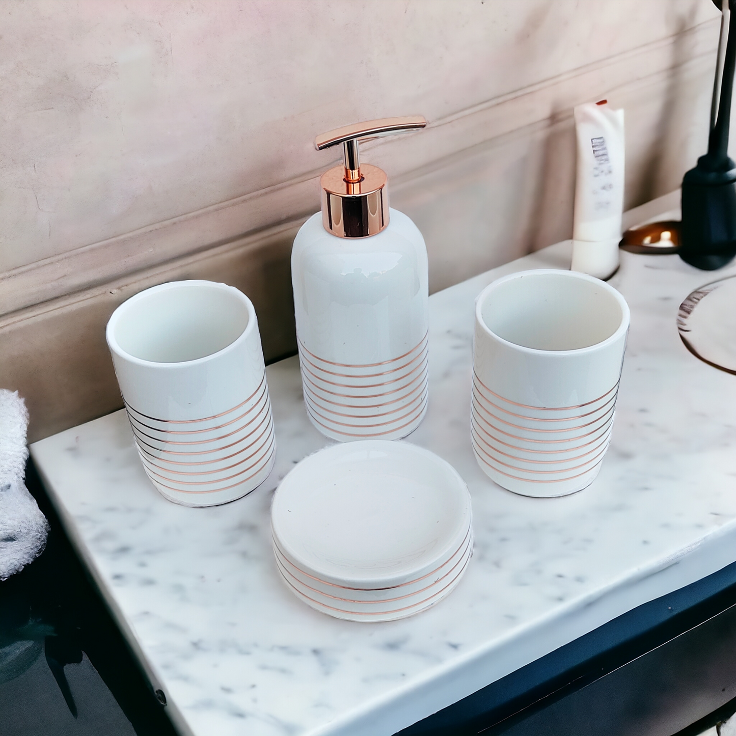 ModaCurve Vanity Bathroom Accessories Set - 1 Soap Dispenser + Toothbrush Holder + 1 Tumblers + 1 Soap Dish (W)