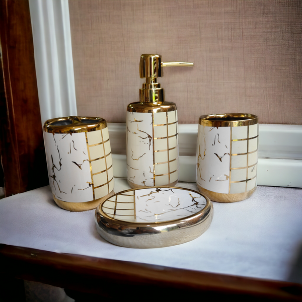 Symmetry Modern Bathroom Accessories Set - 1 Soap Dispenser + Toothbrush Holder + 1 Tumblers + 1 Soap Dish (W)