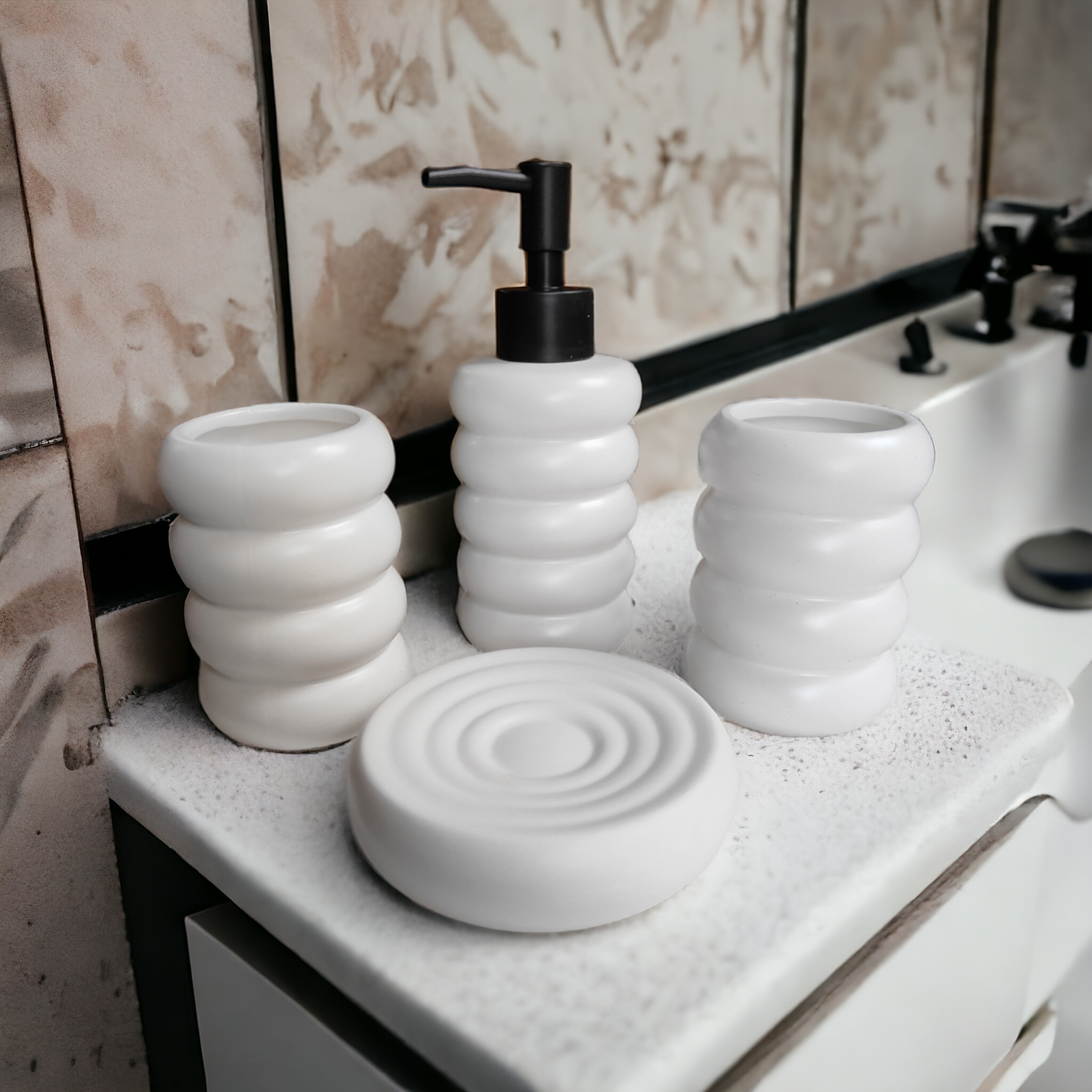 The 3D Orbit Bathroom Accessory Set - 1 Soap Dispenser + Toothbrush Holder + 1 Tumblers + 1 Soap Dish (W)