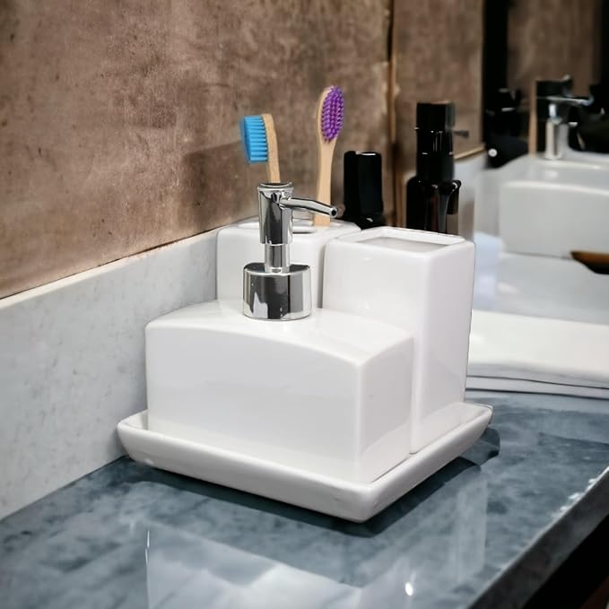Modern Bath Accessories Set - 1 Soap Dispenser + Toothbrush Holder + 1 Tumblers + 1 Soap Dish (W)