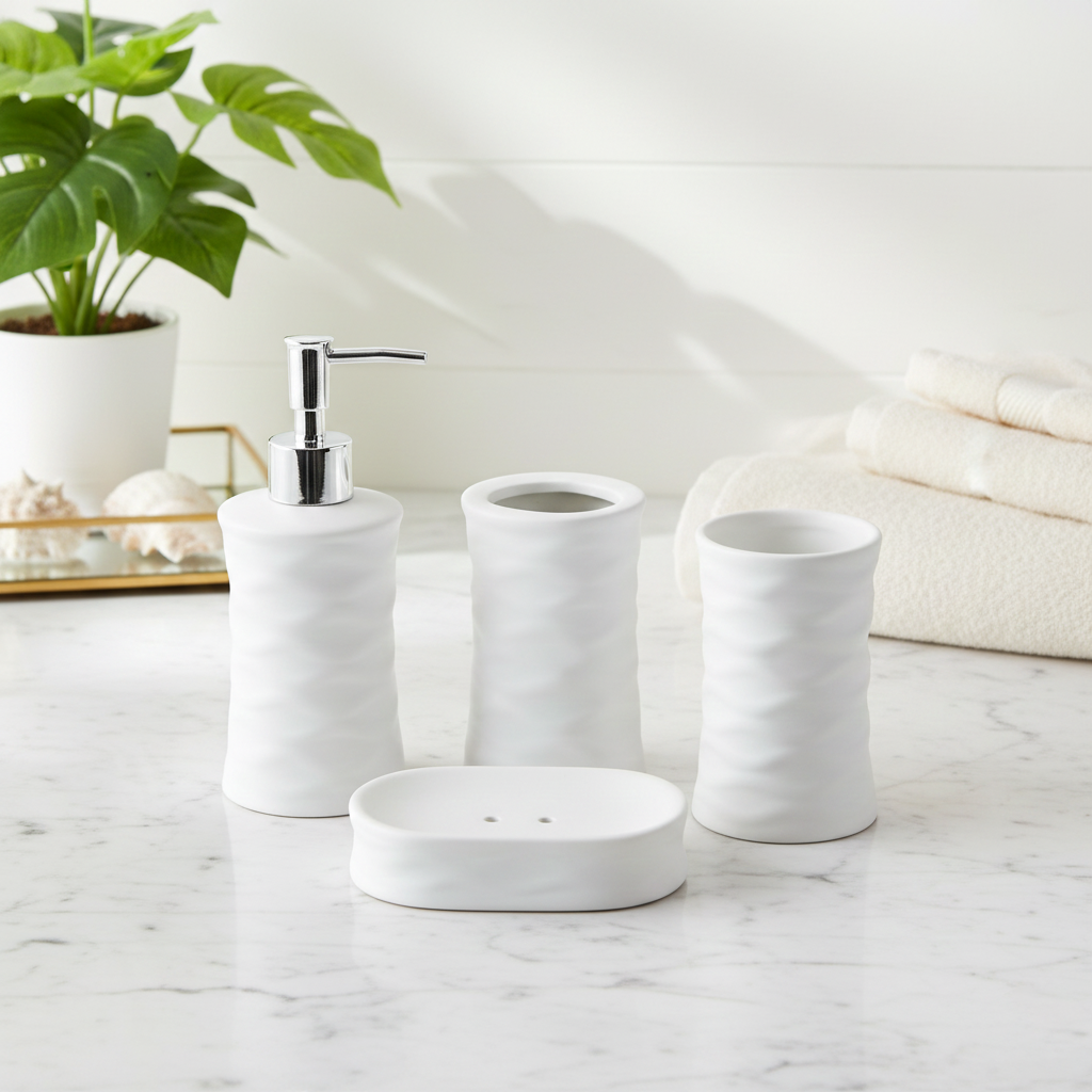 Ripple Design Bath Accessories Set - 1 Soap Dispenser + Toothbrush Holder + 1 Tumblers + 1 Soap Dish (W)