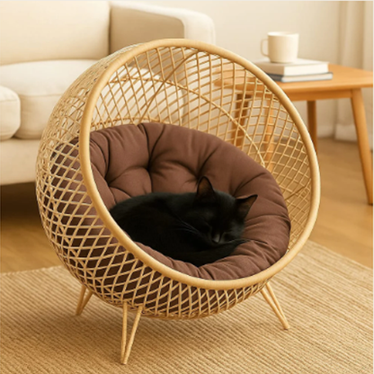 Wooden Luxury Handmade Cat and Small Dog Cane Bed – 18"*18" with Cushion & Play Toy (N)