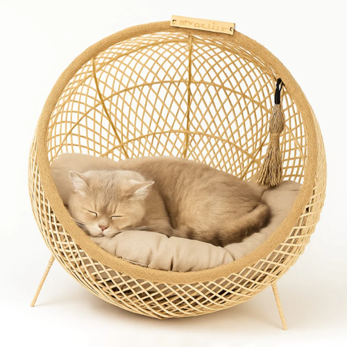 Wooden Luxury Handmade Cat and Small Dog Cane Bed – 18"*18" with Cushion & Play Toy (N)