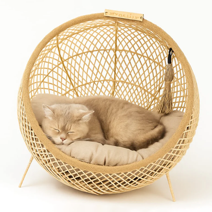 Wooden Luxury Handmade Cat and Small Dog Cane Bed – 18"*18" with Cushion & Play Toy (N)