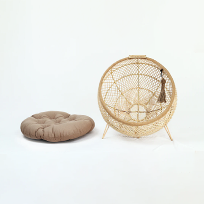 Wooden Luxury Handmade Cat and Small Dog Cane Bed – 18"*18" with Cushion & Play Toy (N)