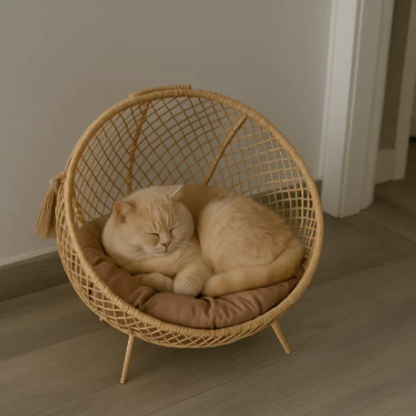 Wooden Luxury Handmade Cat and Small Dog Cane Bed – 18"*18" with Cushion & Play Toy (N)