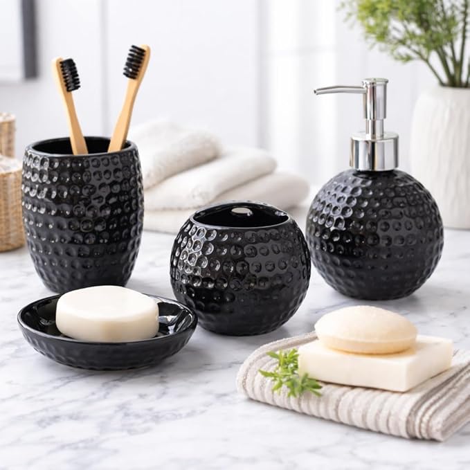 Honeycomb Bath Accessories Set - 1 Soap Dispenser + Toothbrush Holder + 1 Tumblers + 1 Soap Dish (W)