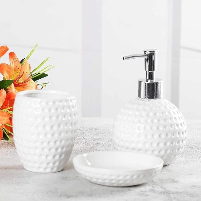 Honeycomb Bath Accessories Set - 1 Soap Dispenser + Toothbrush Holder + 1 Tumblers + 1 Soap Dish (W)
