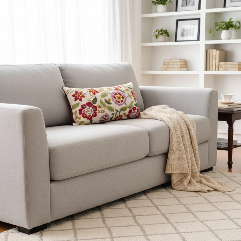 Floral Aari Embroidery Lumbar Cushion Cover 30*50cms - (TFB)