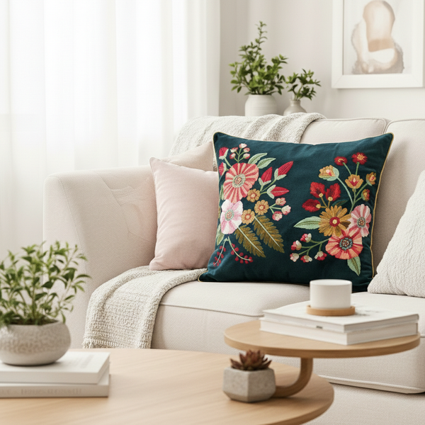 Dark Blue Embroidered Lumbar Cushion Pillow Cover 40*40cms - (TFB)