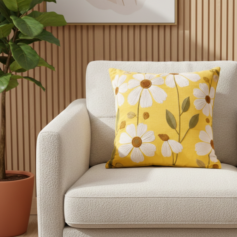 White Flower Embroidered Cushion Cover 40*40cms - (TFB)