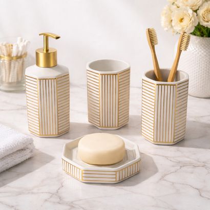 Imperial Linea Octagon Ceramic Bathroom Accessory Set - 1 Soap Dispenser + Toothbrush Holder + 1 Tumblers + 1 Soap Dish (W)
