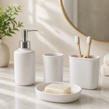 Essential Modern Glossy Ceramic Bathroom Accessory Set - 1 Soap Dispenser + Toothbrush Holder + 1 Tumblers + 1 Soap Dish (W)