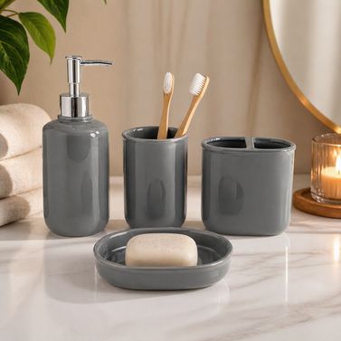 Essential Modern Glossy Ceramic Bathroom Accessory Set - 1 Soap Dispenser + Toothbrush Holder + 1 Tumblers + 1 Soap Dish (W)