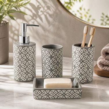 The Moroccan Lattice Ceramic Bathroom Accessory Set - 1 Soap Dispenser + Toothbrush Holder + 1 Tumblers + 1 Soap Dish (W)