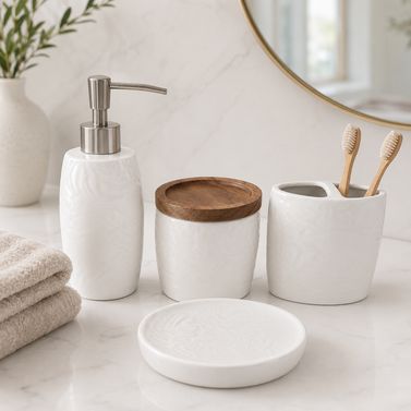 The Botanical Embossed Ceramic Bathroom Accessory Set - 1 Soap Dispenser + Toothbrush Holder + 1 Tumblers + 1 Soap Dish (W)
