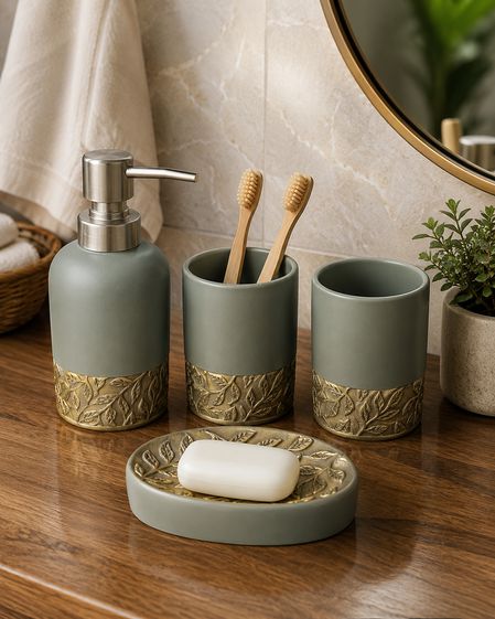 The Laurel Embossed Gold & Ceramic Bathroom Accessory Set - 1 Soap Dispenser + Toothbrush Holder + 1 Tumblers + 1 Soap Dish (W)