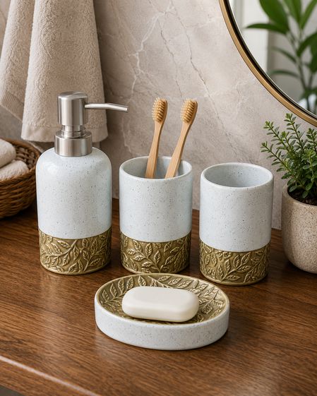 The Laurel Embossed Gold & Ceramic Bathroom Accessory Set - 1 Soap Dispenser + Toothbrush Holder + 1 Tumblers + 1 Soap Dish (W)