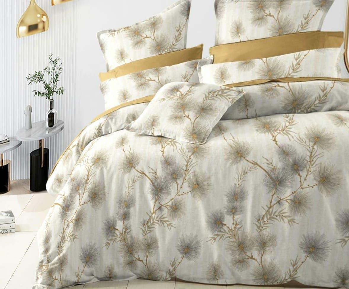 Dreamline Gold & Grey Dandelion Queen Size Comforter Set - 1 Bedsheet + 2 Pillow Covers + 1 Comforter (BC)