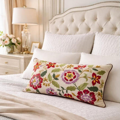 Floral Aari Embroidery Lumbar Cushion Cover 30*50cms - (TFB)