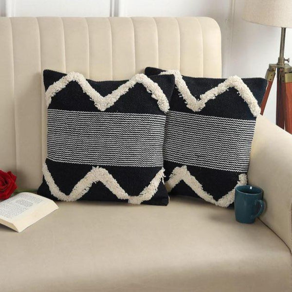 Artisan Zig-Zag Hand-Tufted Monochrome Cushion Covers - 16*16 inches Set of 2 (TFB)