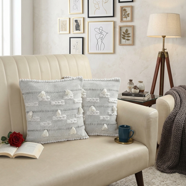 Artisan Hand-Tufted & Textured Cloud Tassel Cushion Covers - 16*16 inches Set of 2 (TFB)