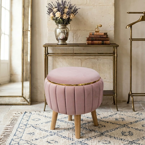 Blush Pink Velvet Round Ottoman - 16*14 inches (TFB)