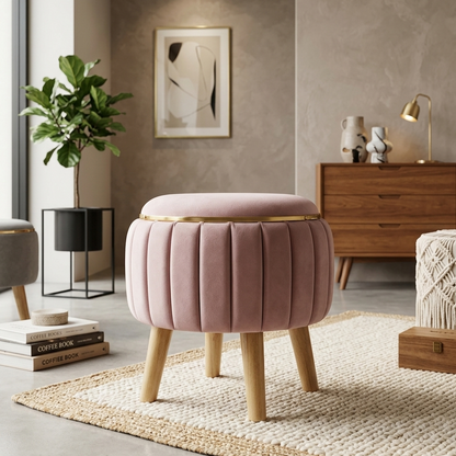 Blush Pink Velvet Round Ottoman - 16*14 inches (TFB)